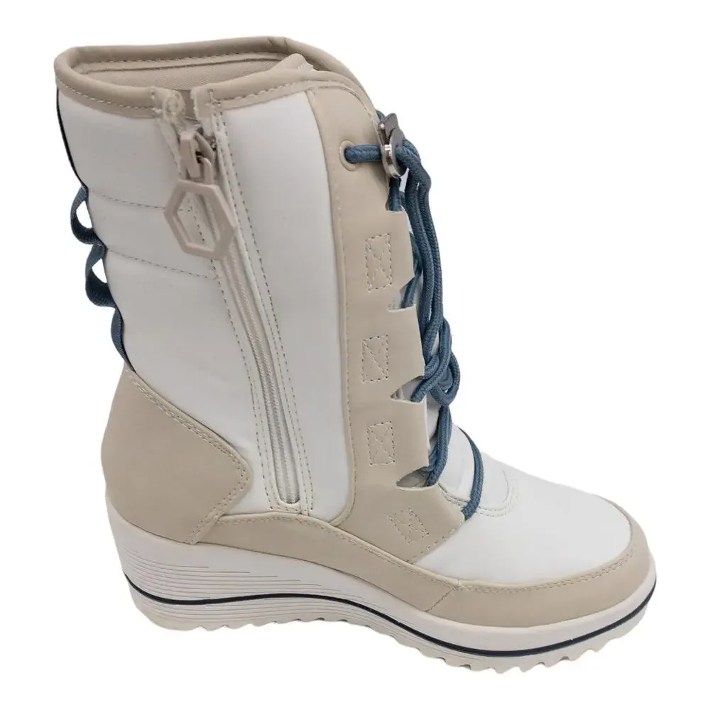 Khombu Waterproof Lace-Up Inside Zip Wedge Winter Boots Women's 6 White Tan